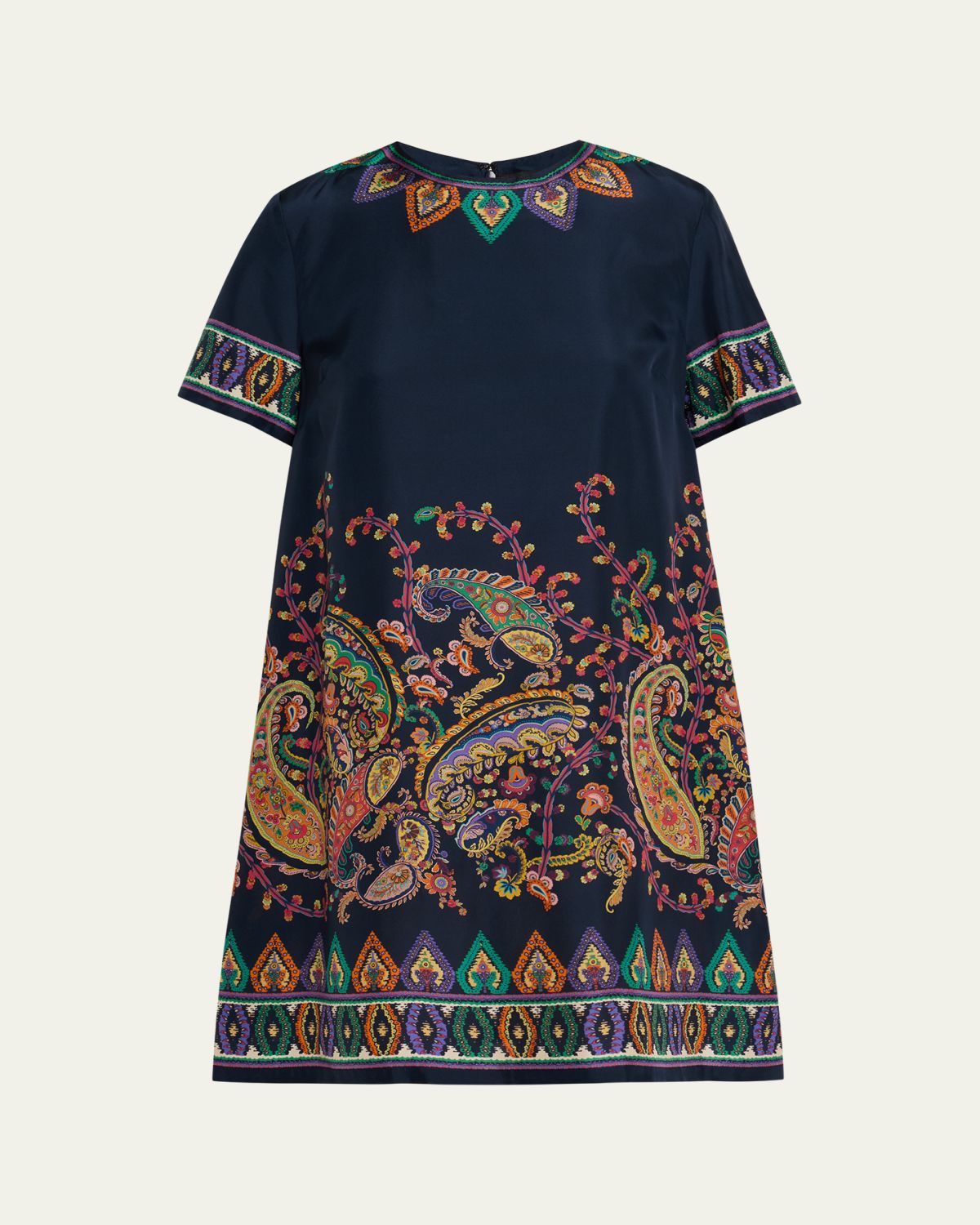 Etro Paisley Silk Habotai Short-Sleeve Mini Tunic Dress