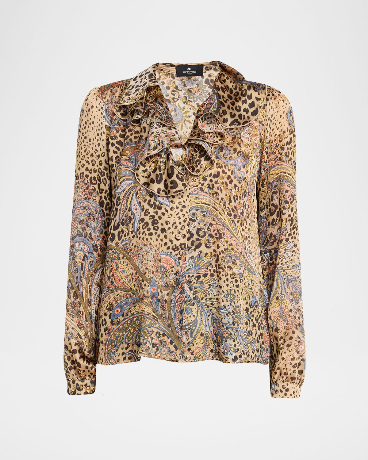 Etro Leopard Paisley-Print Silk Ruffle Blouse