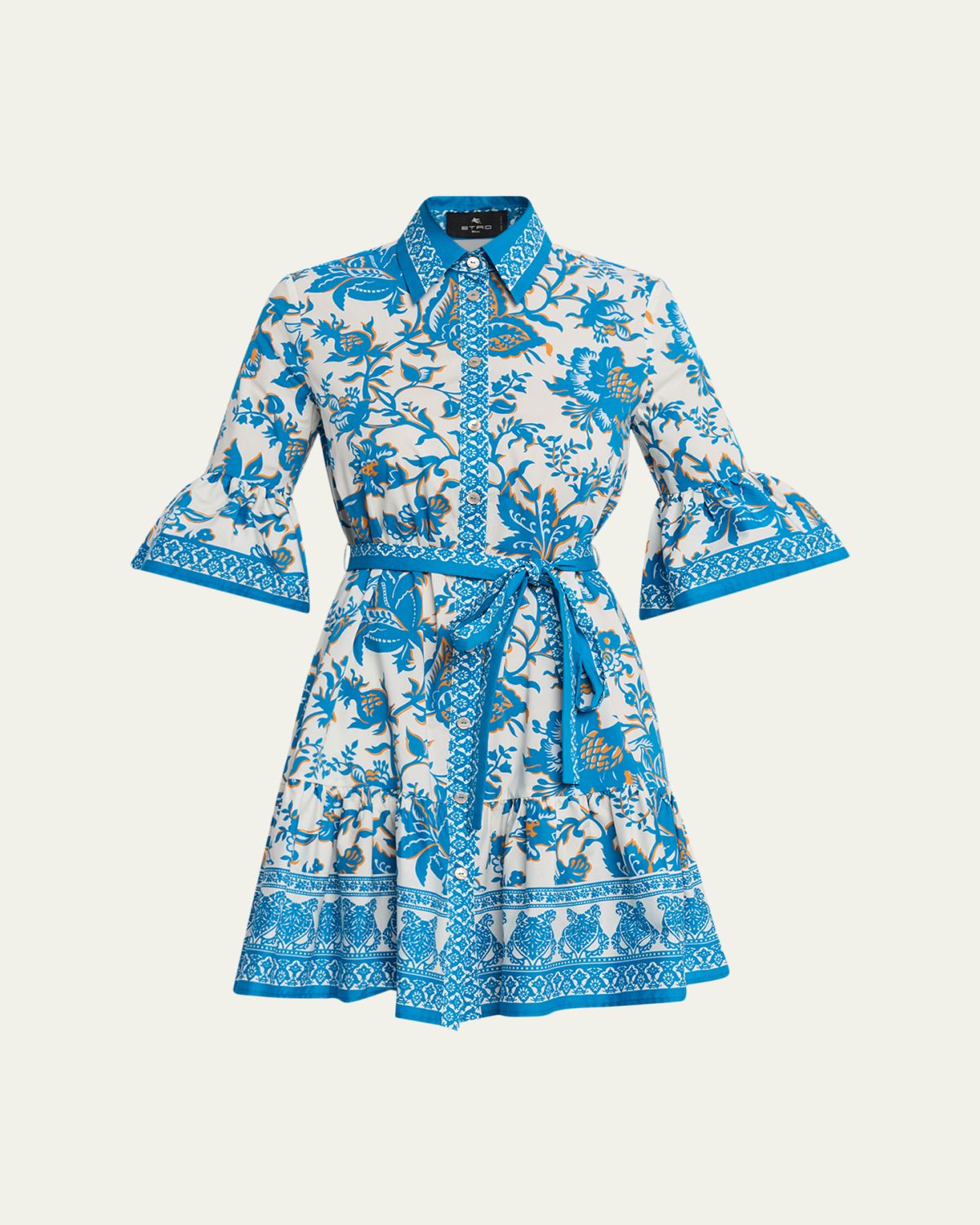 Etro Floral Cotton Ruffle Belted Mini Shirtdress