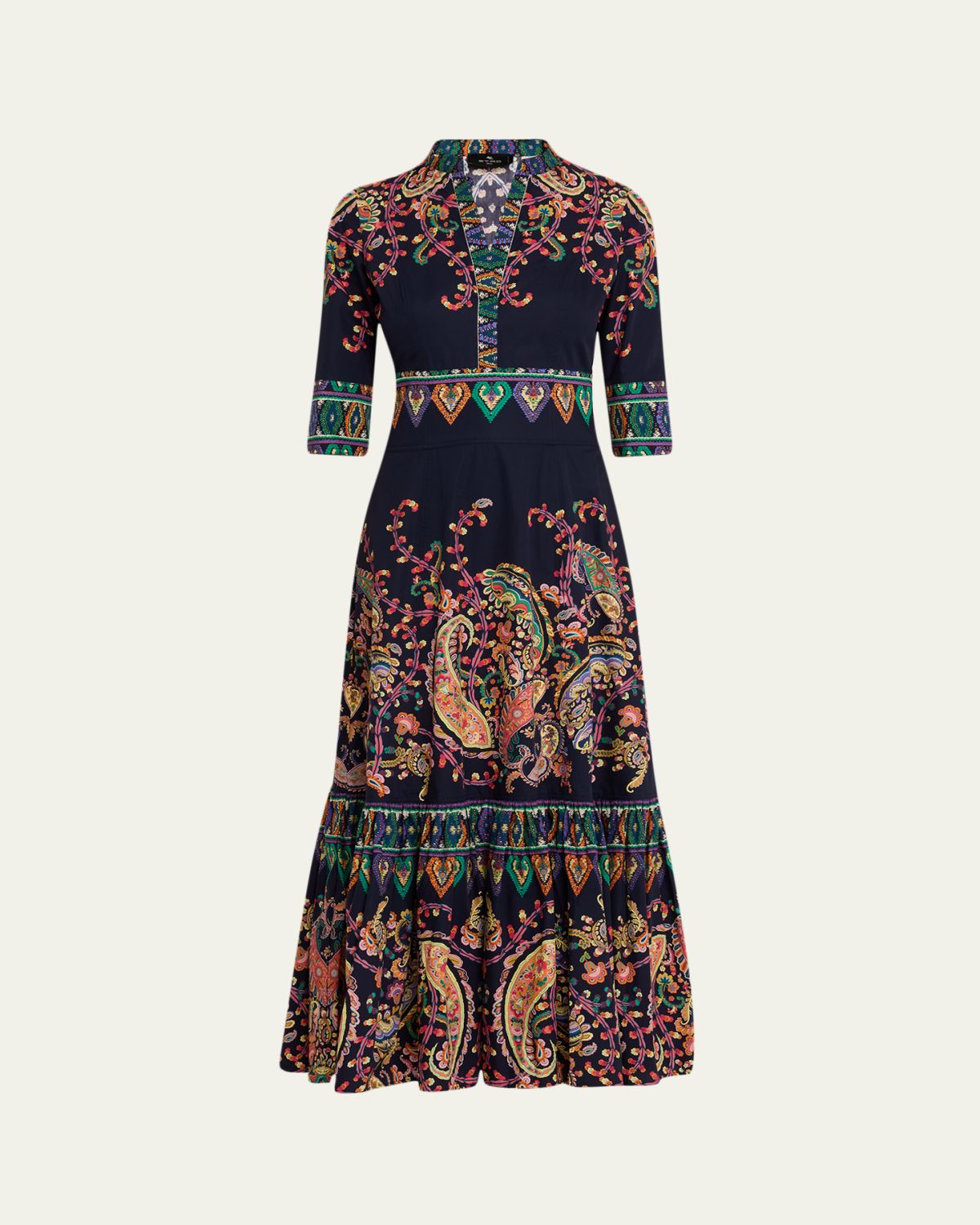 Etro Paisley Cotton 3/4-Sleeve Maxi Shirtdress