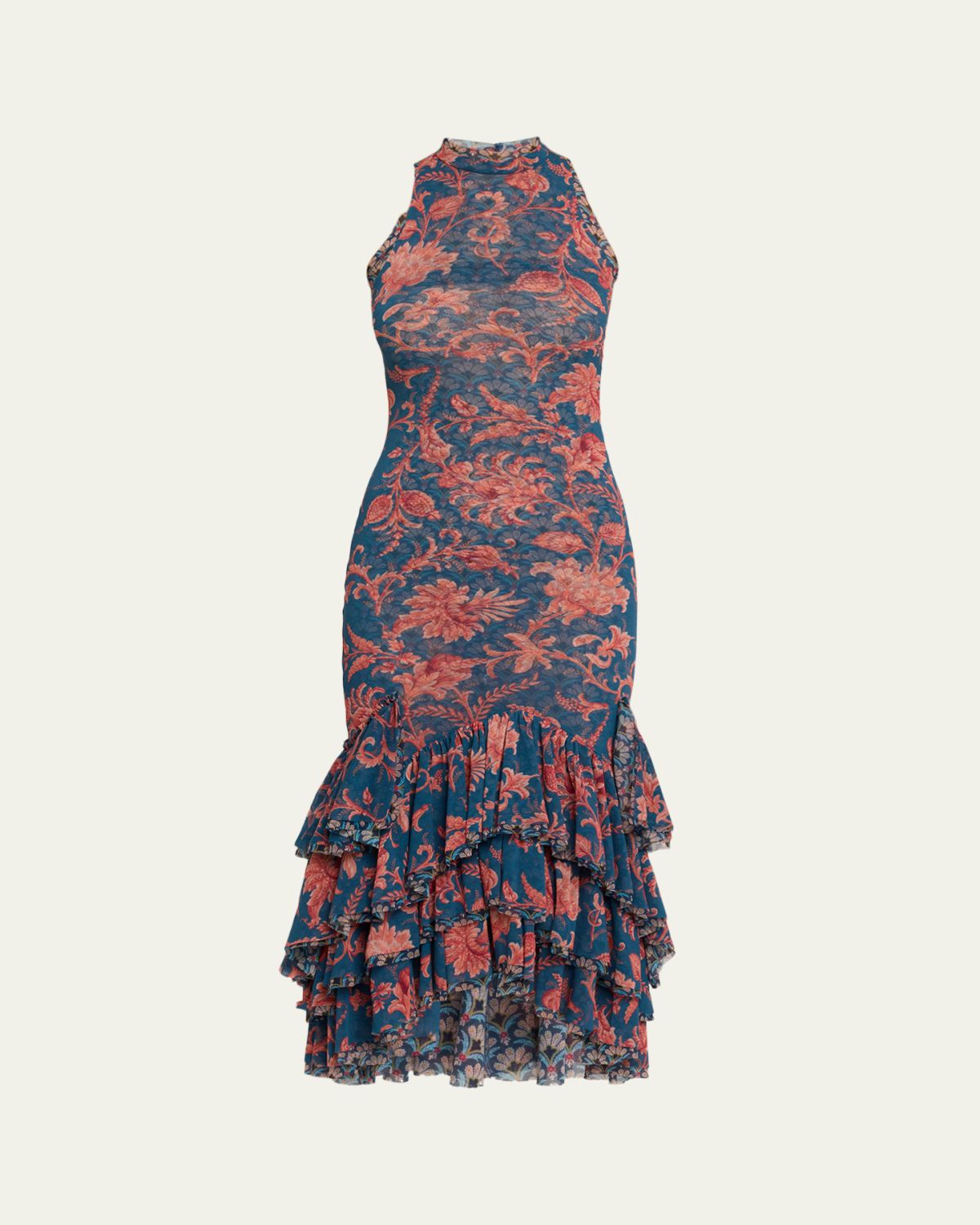 Etro Floral Stretch Tulle Ruffle Mermaid Midi Dress