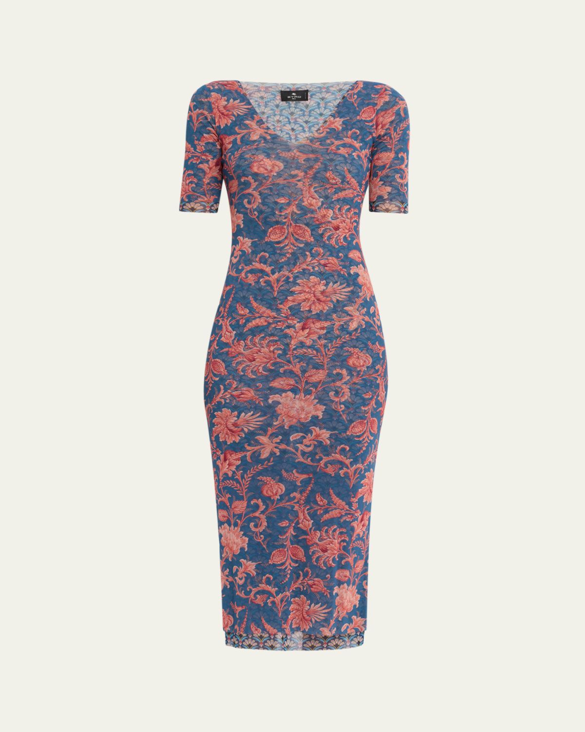 Etro Floral Stretch Tulle Short-Sleeve Midi Dress