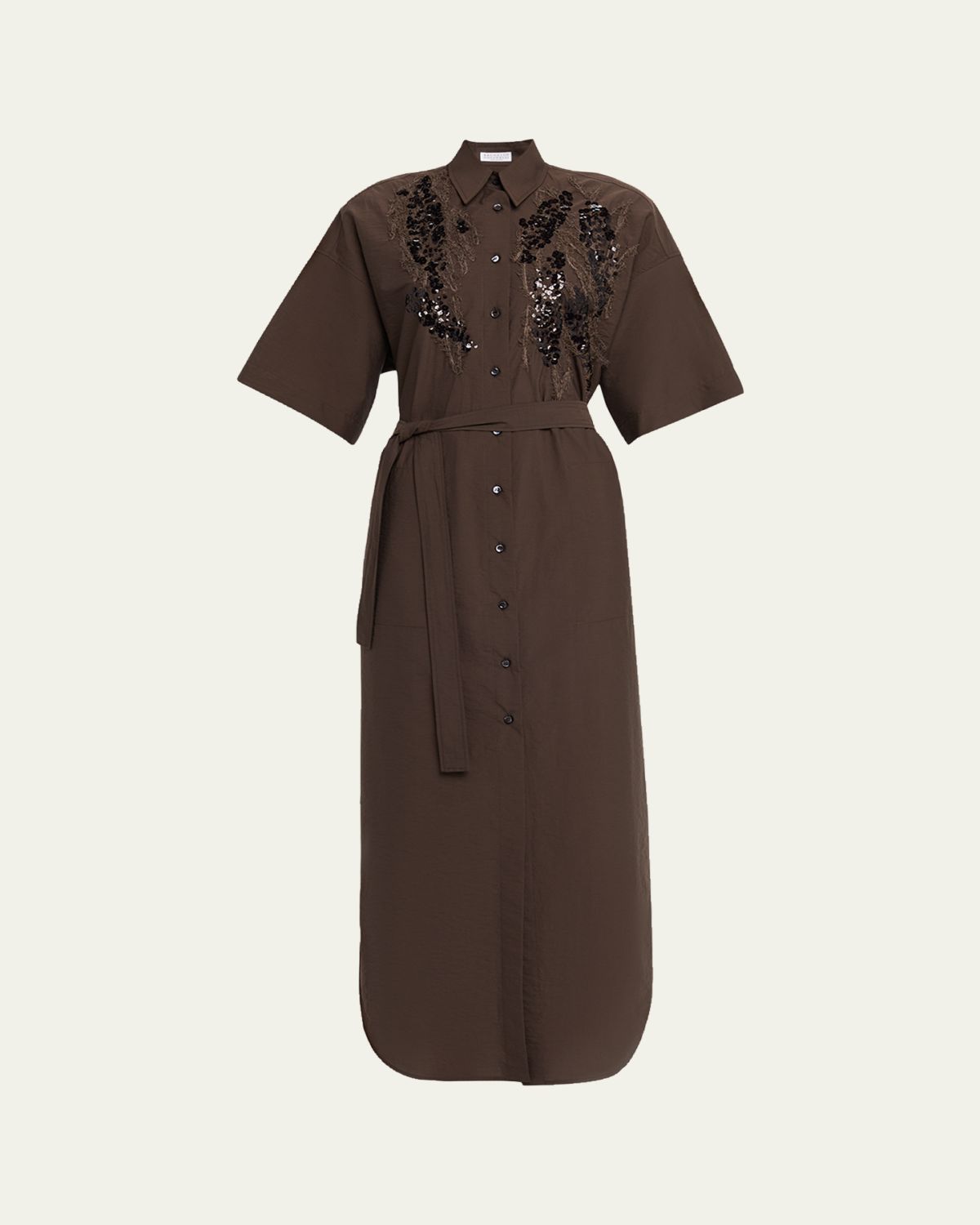 Brunello Cucinelli Sequin Embroidered Cotton Poplin Midi Shirtdress