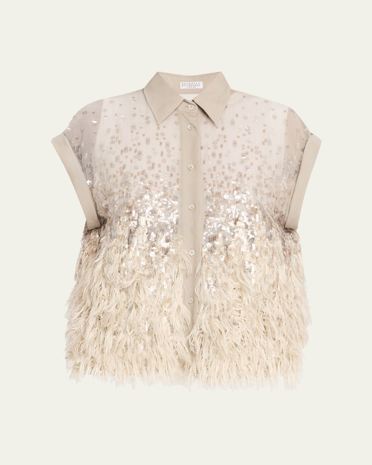 Brunello Cucinelli Sequin & Feather Silk Chiffon Blouse