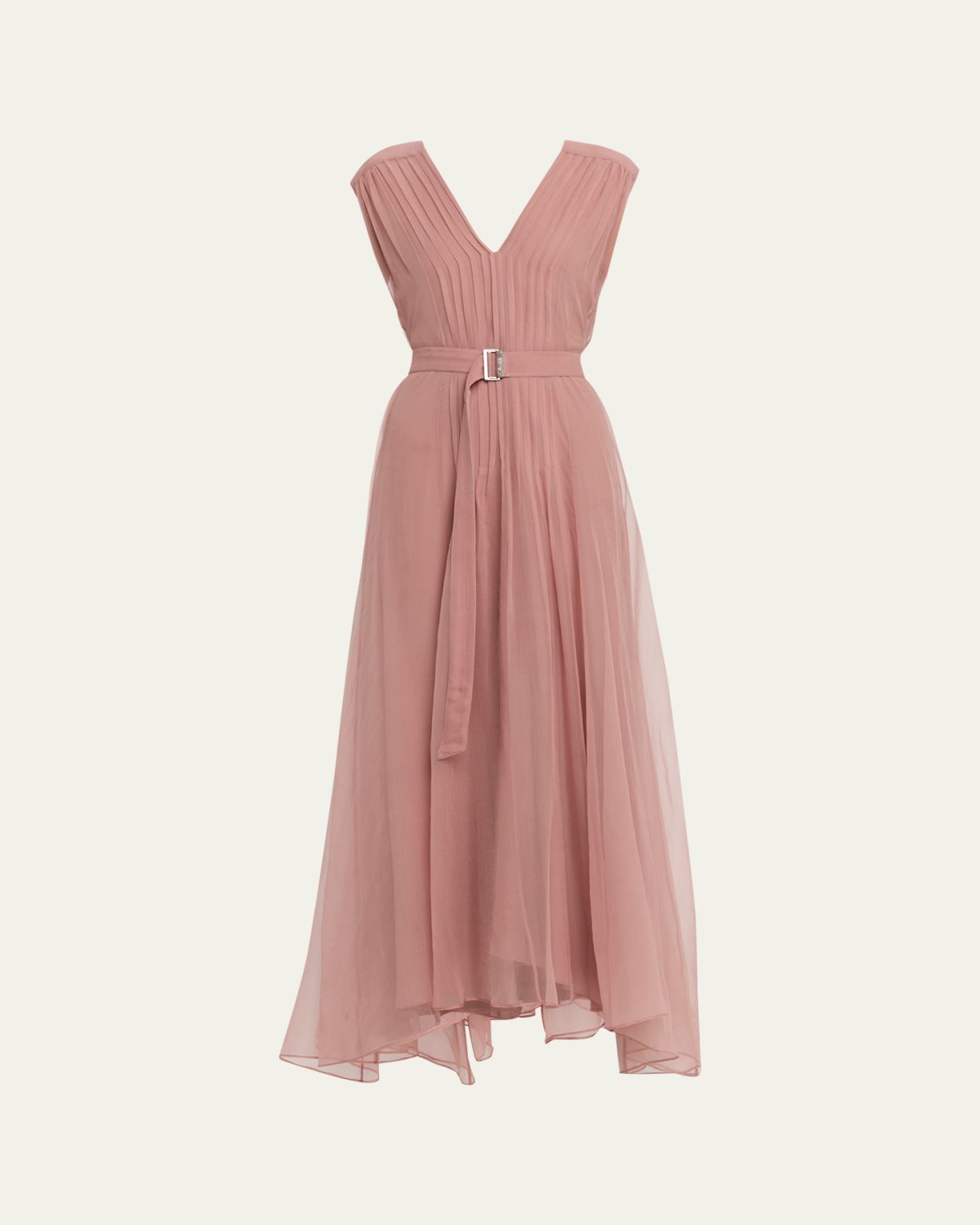 Brunello Cucinelli Belted Pintuck Silk Chiffon Gown
