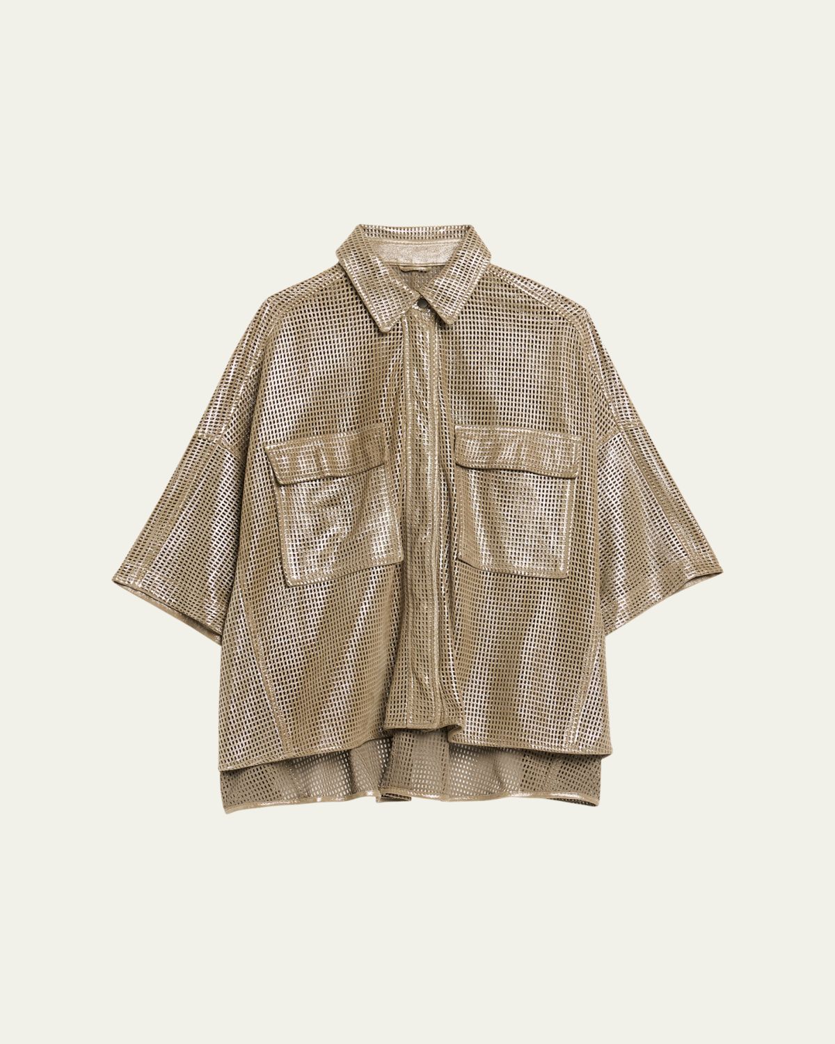 Brunello Cucinelli Laminated Perforated Leather Utility Shirt