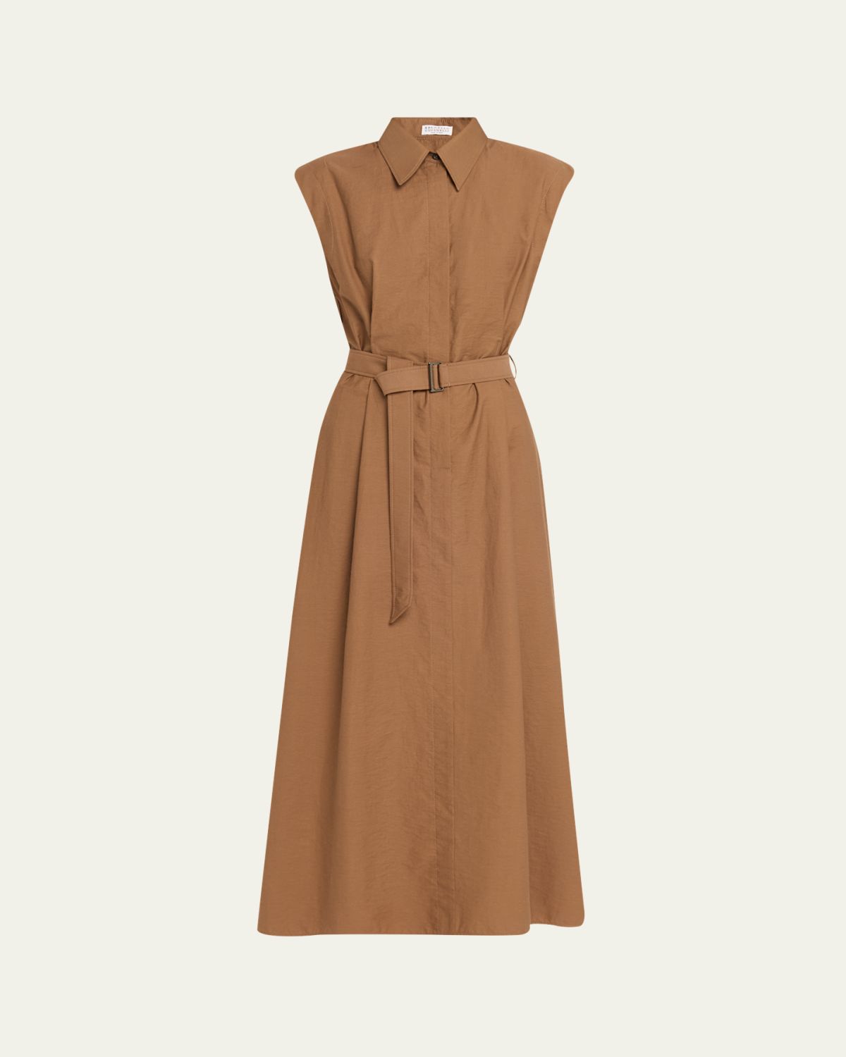 Brunello Cucinelli Crispy Diagonal Cotton Belted Midi Shirtdress