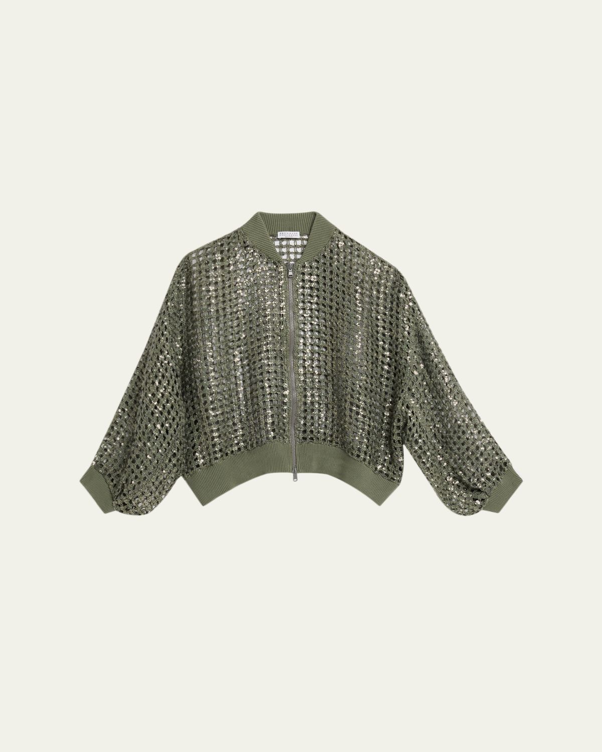 Brunello Cucinelli Paillette Mesh Knit Bomber Jacket