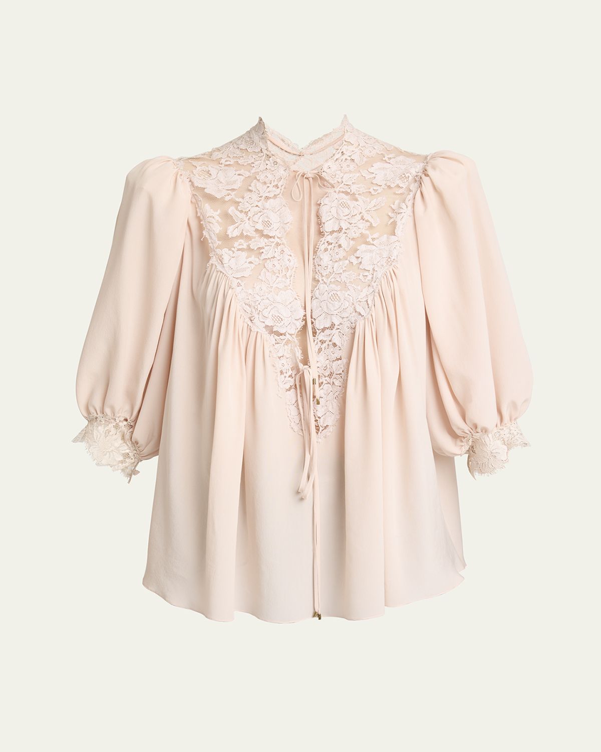 Chloe Lace-Trim Puff-Sleeve Organic Silk Crepe De Chine Top