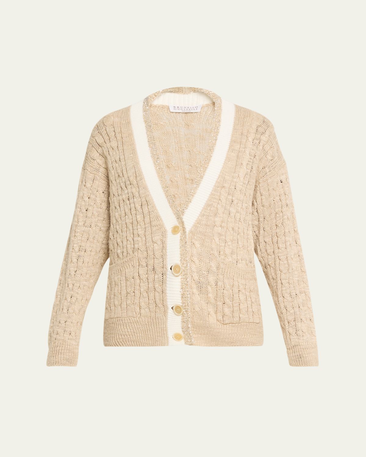 Brunello Cucinelli Paillette V-Neck Cable-Knit Cardigan