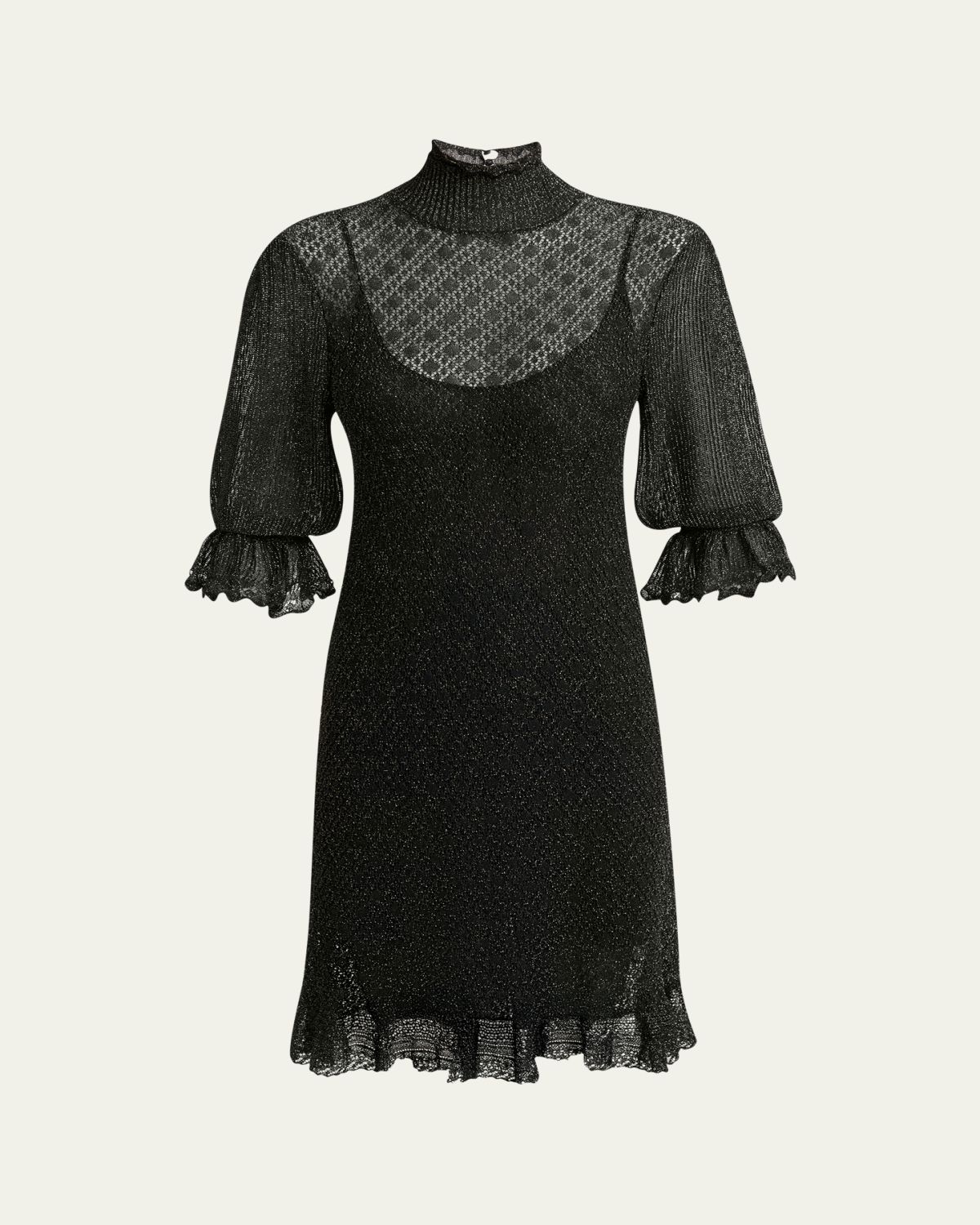 Chloe Turtleneck Metallic Open Knit Puff-Sleeve Dress