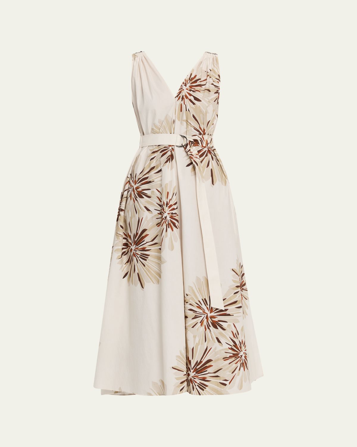 Brunello Cucinelli Abstract Dahlia Sleeveless Belted Midi Dress