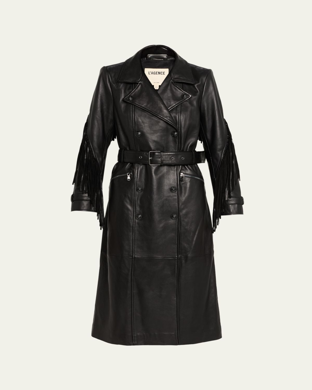 L 'Agence Celina Leather Fringe Trench Coat