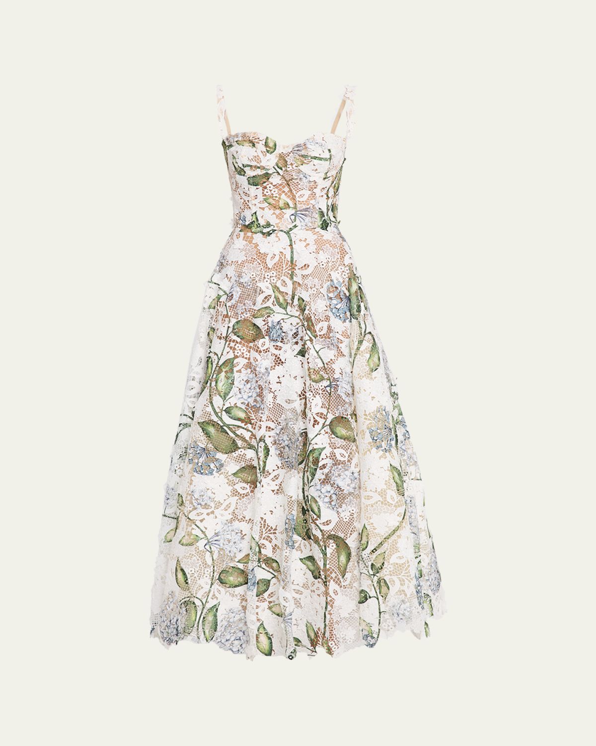 Oscar de la Renta Sleeveless Porcelain Flowers-Print Lace Maxi Dress