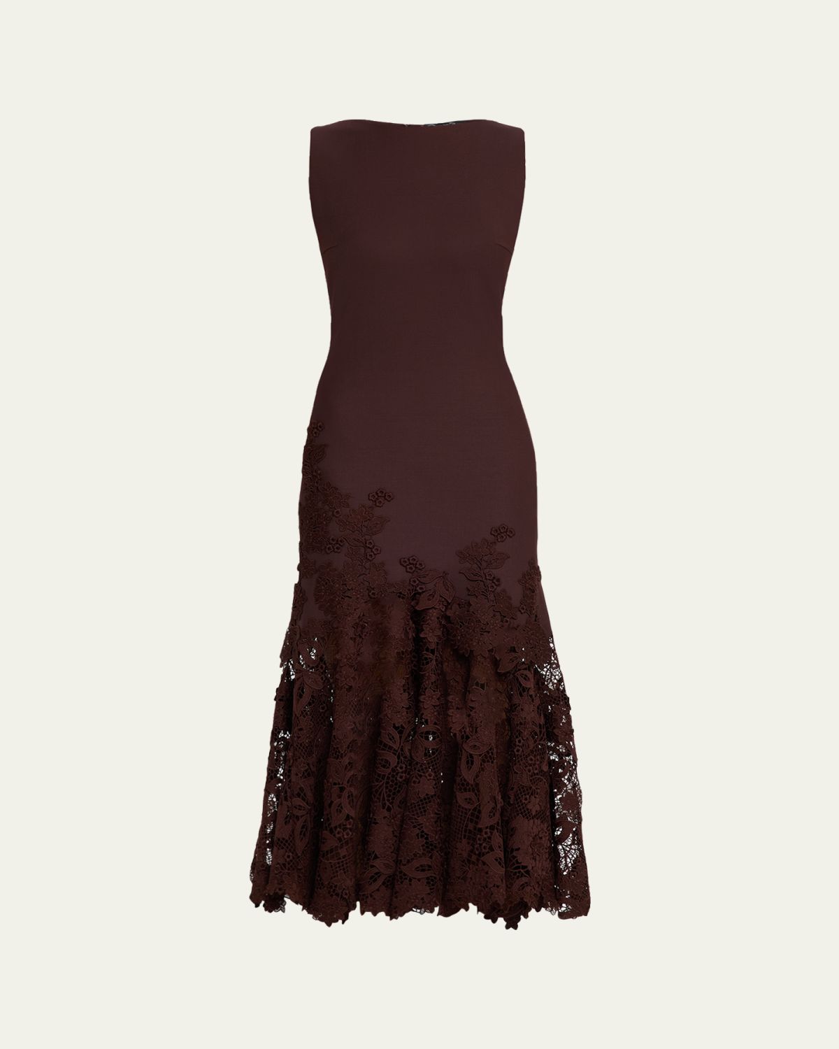 Oscar de la Renta Sleeveless Porcelain Flowers Lace Inset Midi Dress