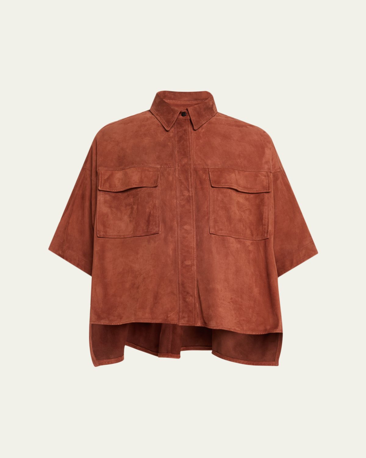 Brunello Cucinelli Suede Short-Sleeve Oversized Utility Shirt