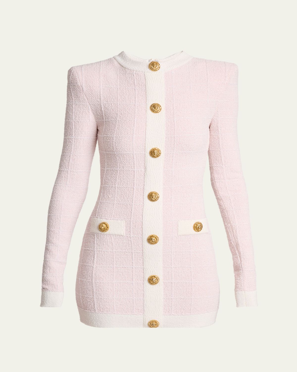 Balmain Buttoned Boucle Knit Strong-Shoulder Mini Dress