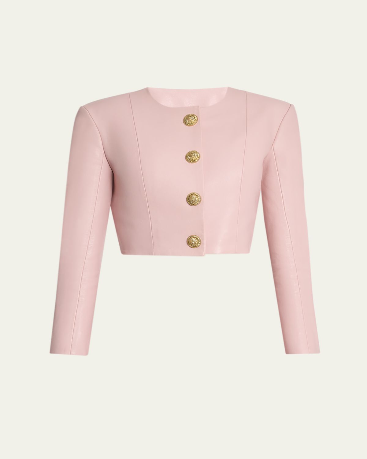 Balmain Buttoned Strong-Shoulder Leather Crop Jacket