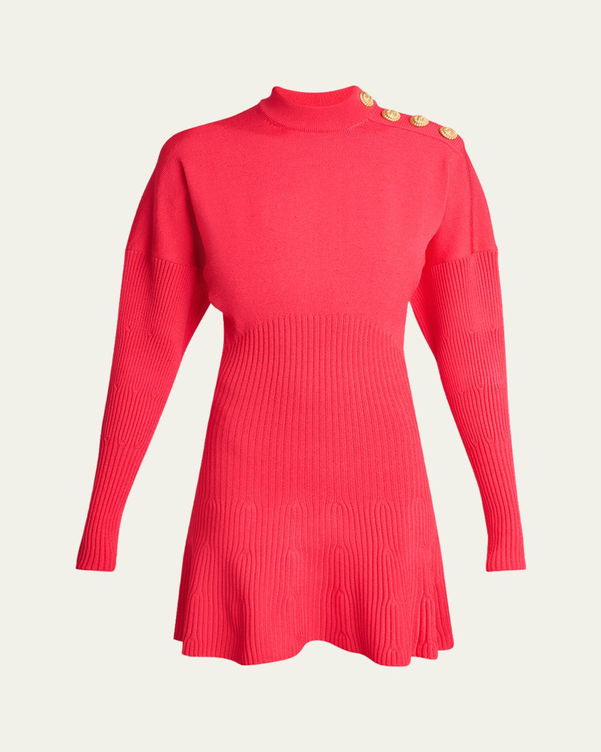 Balmain Button-Shoulder Batwing-Sleeve Mini Sweater Dress