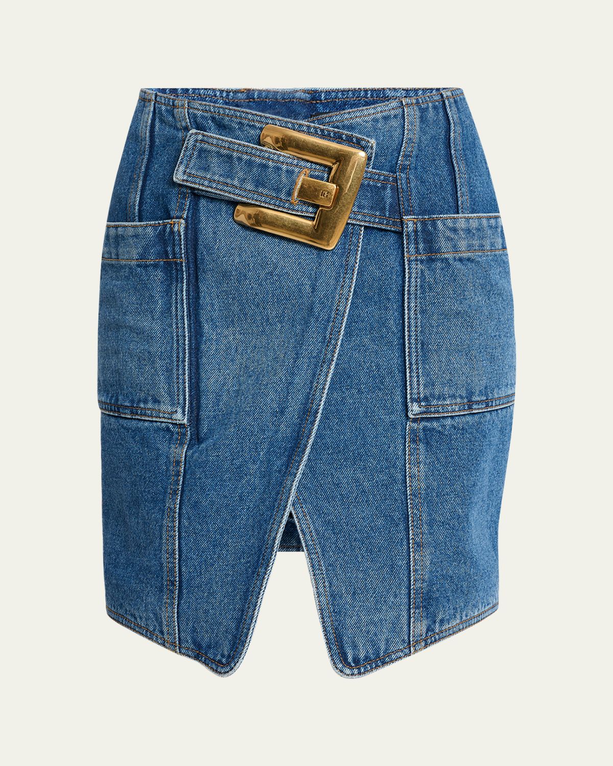 Balmain Belted Wrap Denim Mini Skirt