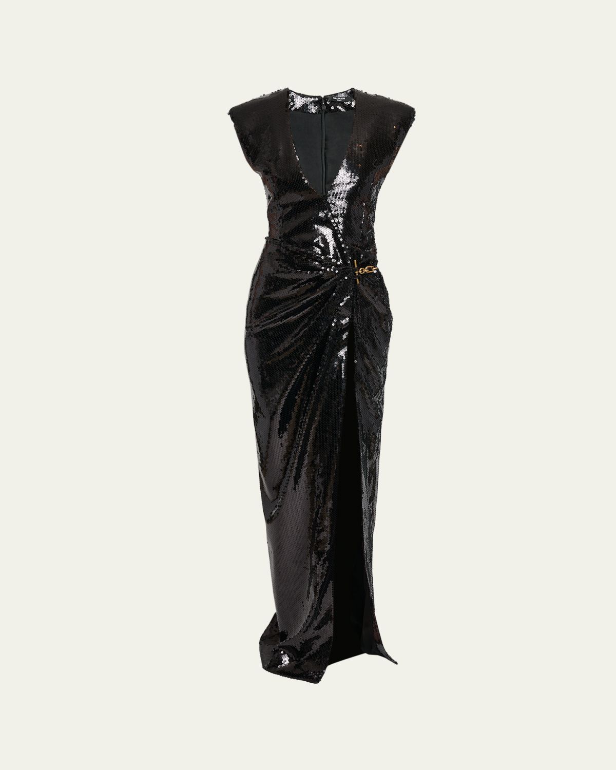 Balmain Plunging Sequined Chain Draped Wrap Gown