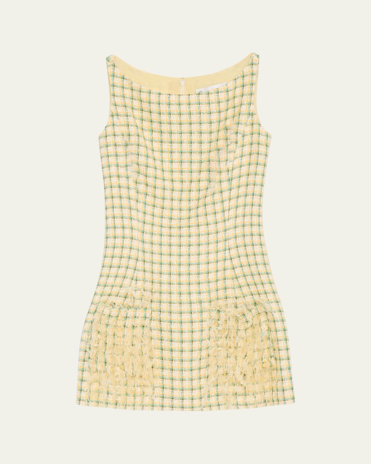 Oscar de la Renta Embellished-Pocket Check Tweed Sleeveless Mini Dress