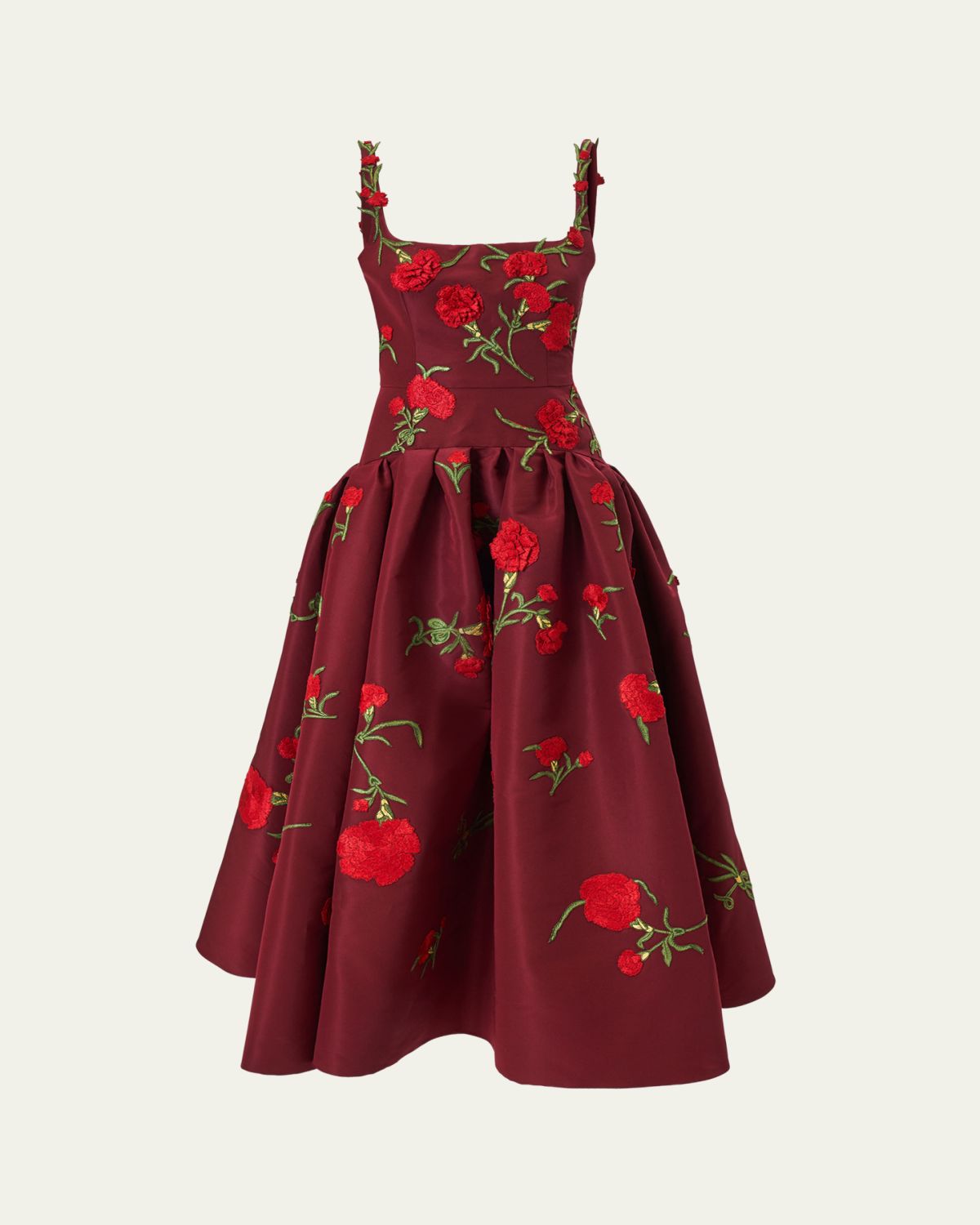 Carolina Herrera Carnation Embroidered Drop-Waist Tea-Length Dress