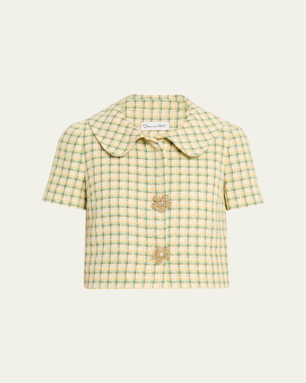 Oscar de la Renta Short-Sleeve Check Tweed Jacket