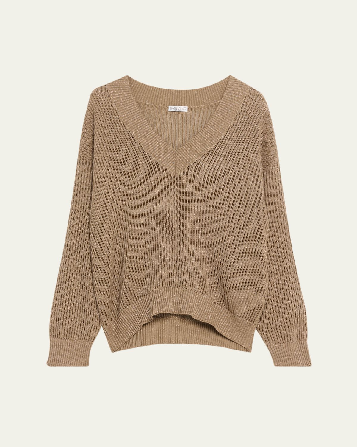 Brunello Cucinelli Metallic Open Rib V-Neck Sweater