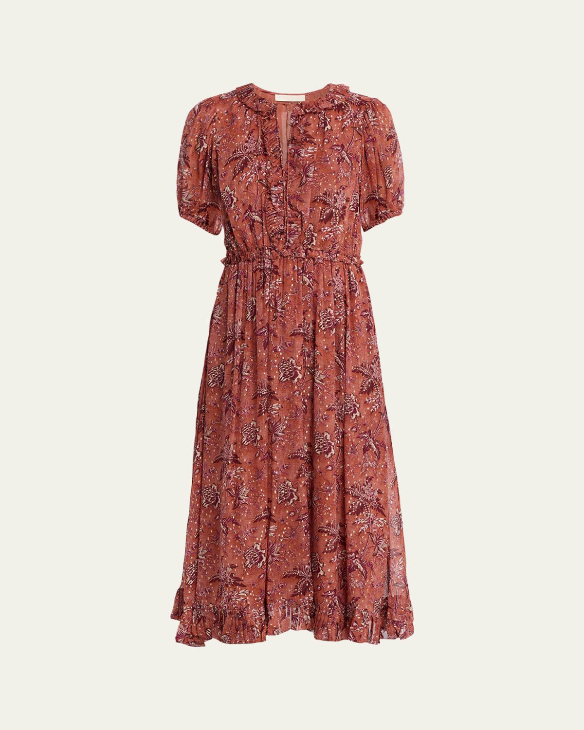 Ulla Johnson Rosamunde Puff-Sleeve Ruffle Chiffon Midi Dress