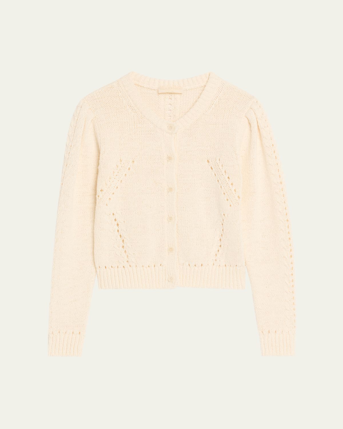Ulla Johnson Delphina Pointelle Knit Puff-Sleeve Crewneck Cardigan