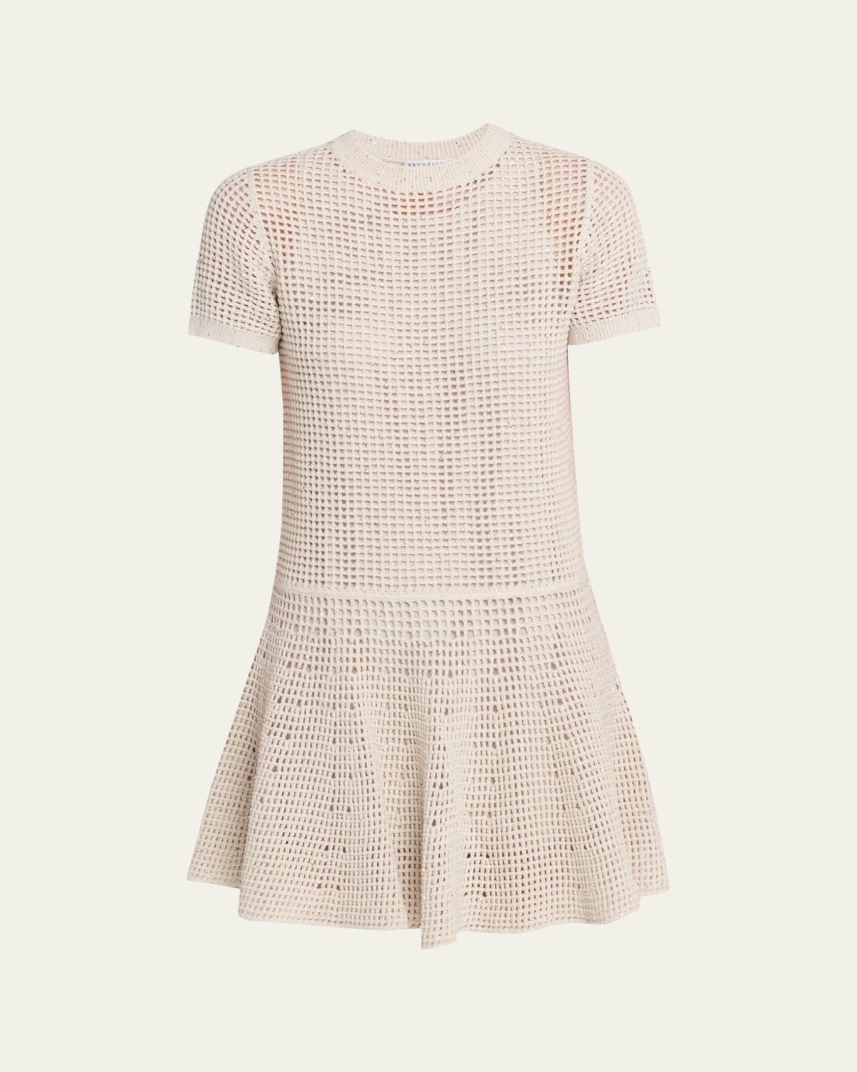 Brunello Cucinelli Pailette Open Knit Drop-Waist Short-Sleeve Mini Dress