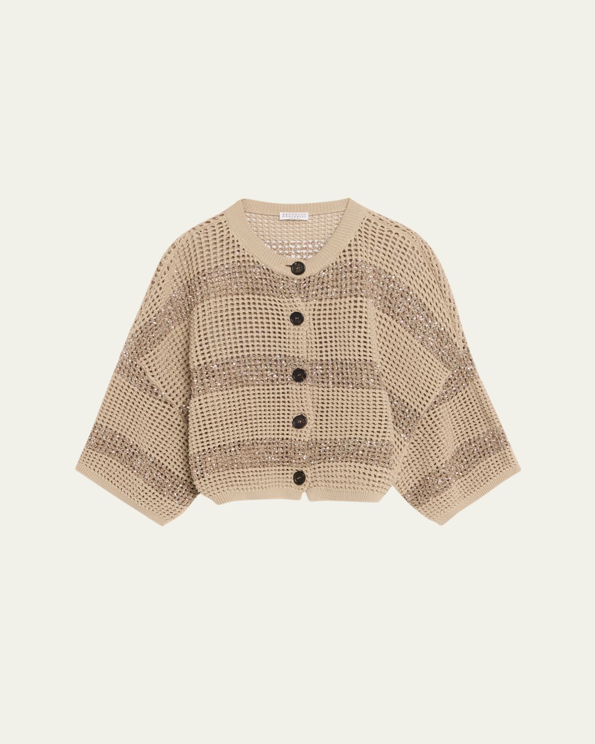 Brunello Cucinelli Paillette Striped Open-Knit Short-Sleeve Cardigan