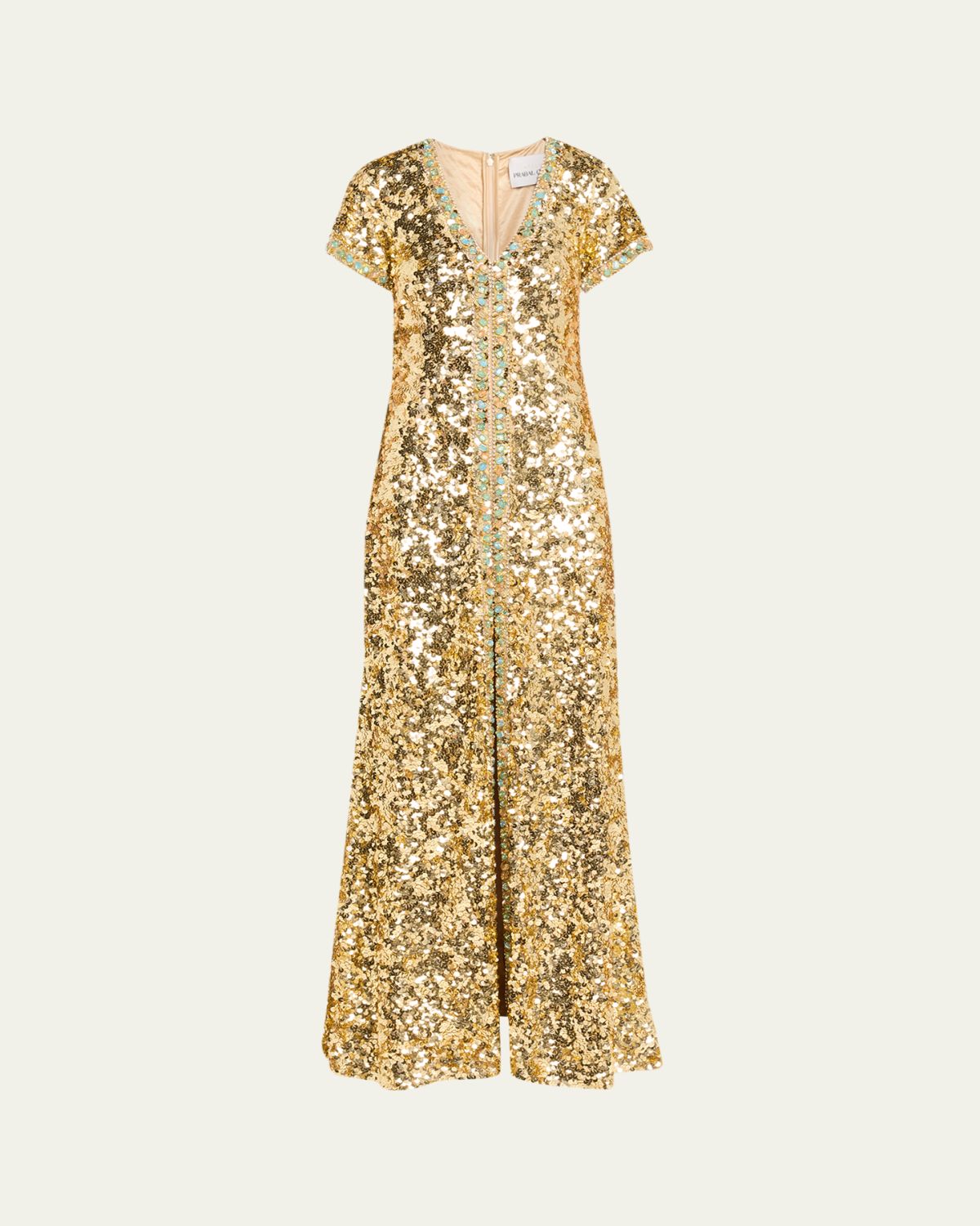 Atelier Prabal Gurung Verushka Crystal Sequined Short-Sleeve Slit Gown