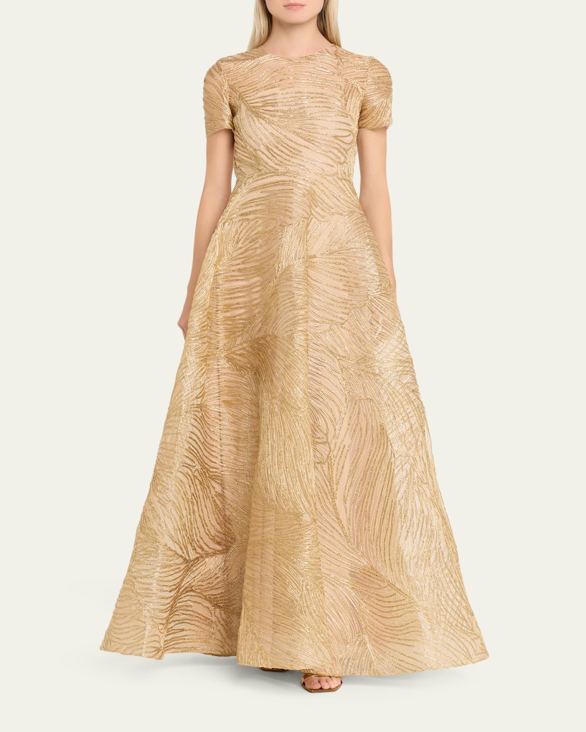 Naeem Khan Metallic Raffia Embroidered Short-Sleeve Gown | Thumbnail 2 Naeem Khan Metallic Raffia Embroidered Short-Sleeve Gown | Thumbnail 2