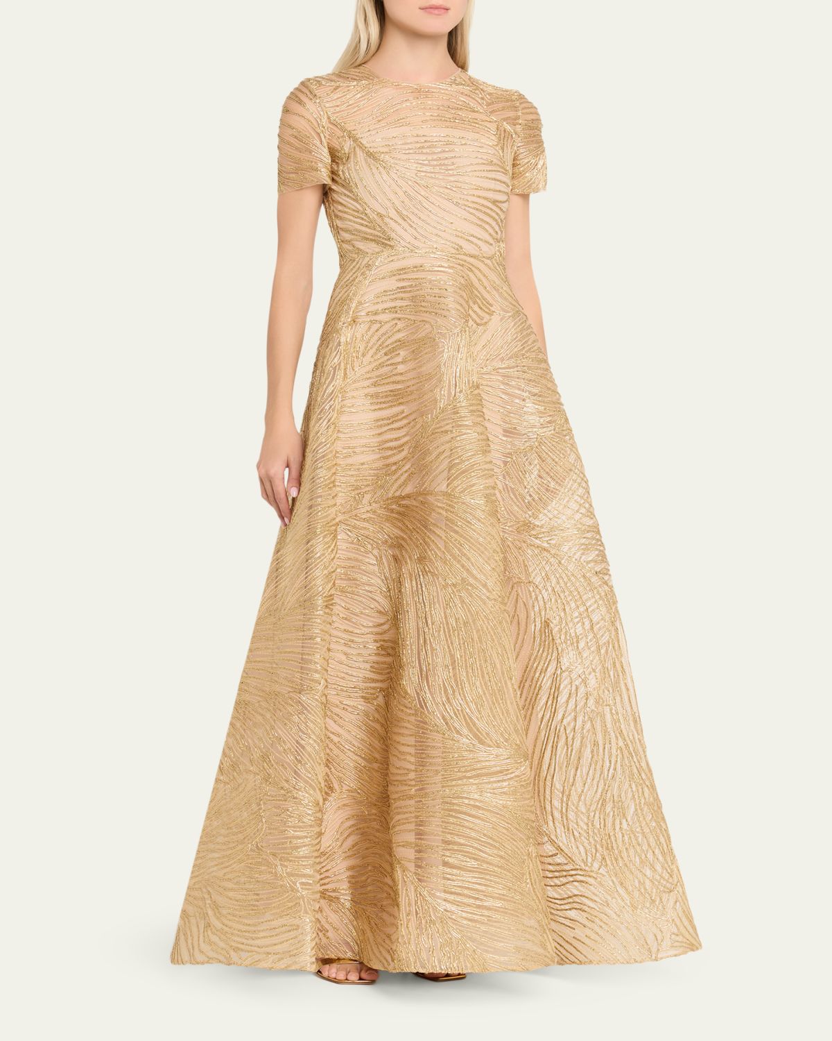 Naeem Khan Metallic Raffia Embroidered Short-Sleeve Gown | Thumbnail 4 Naeem Khan Metallic Raffia Embroidered Short-Sleeve Gown | Thumbnail 4