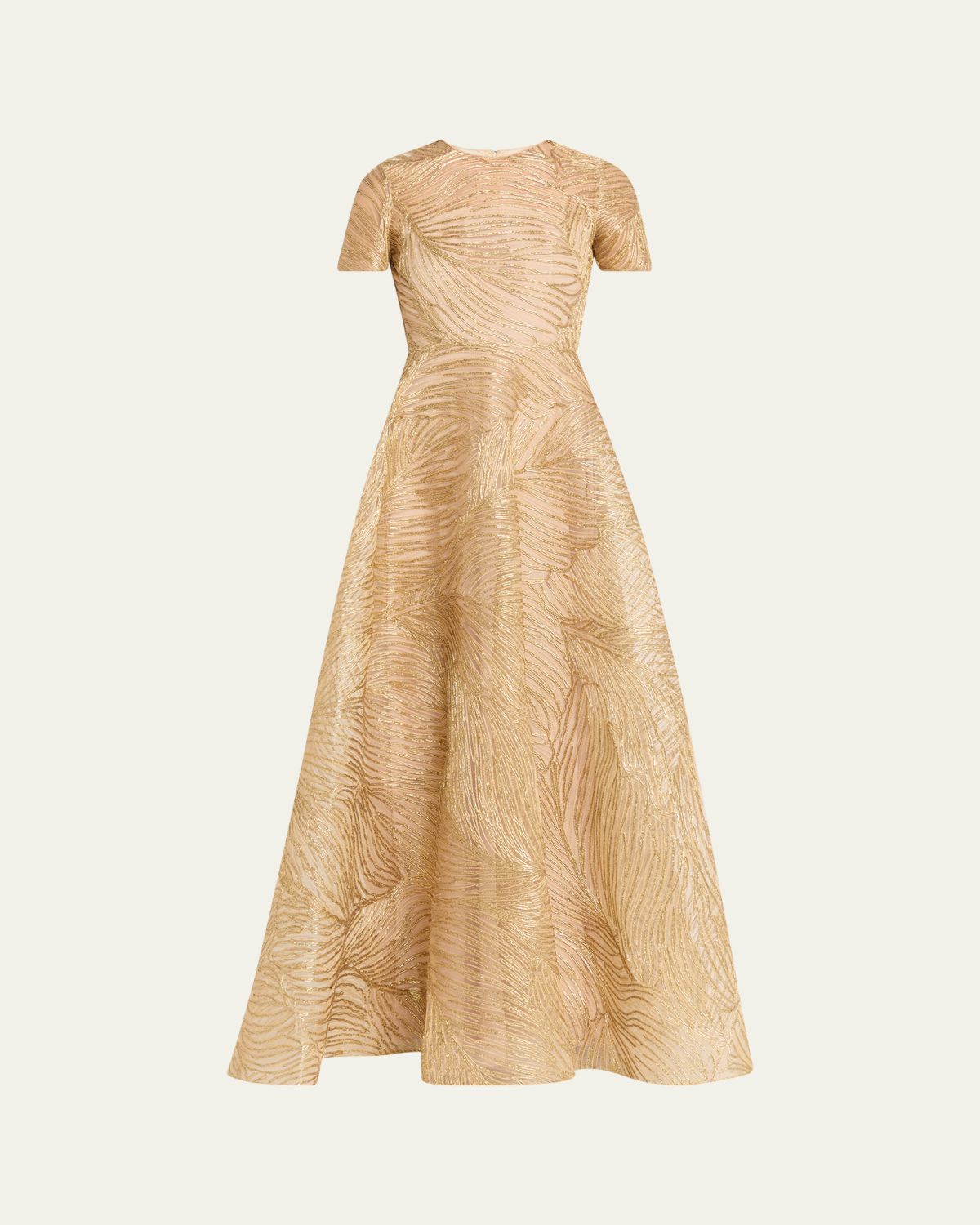 Naeem Khan Metallic Raffia Embroidered Short-Sleeve Gown