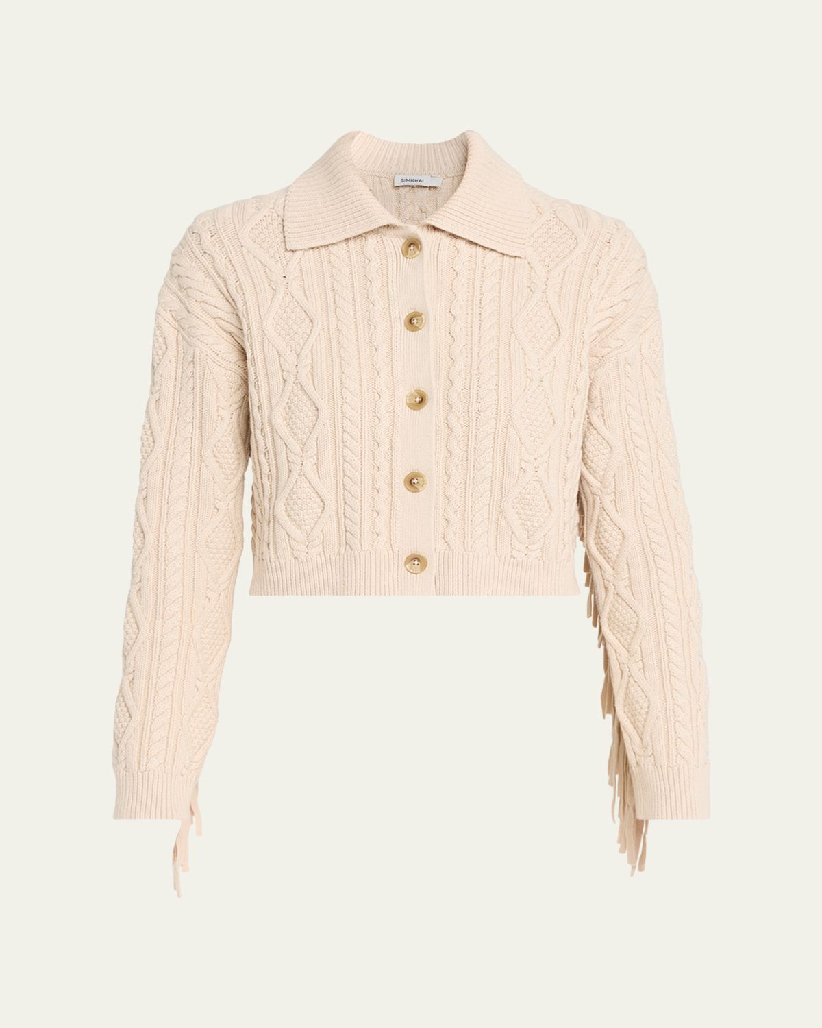 SIMKHAI Virginia Cable-Knit Fringe Cropped Cardigan