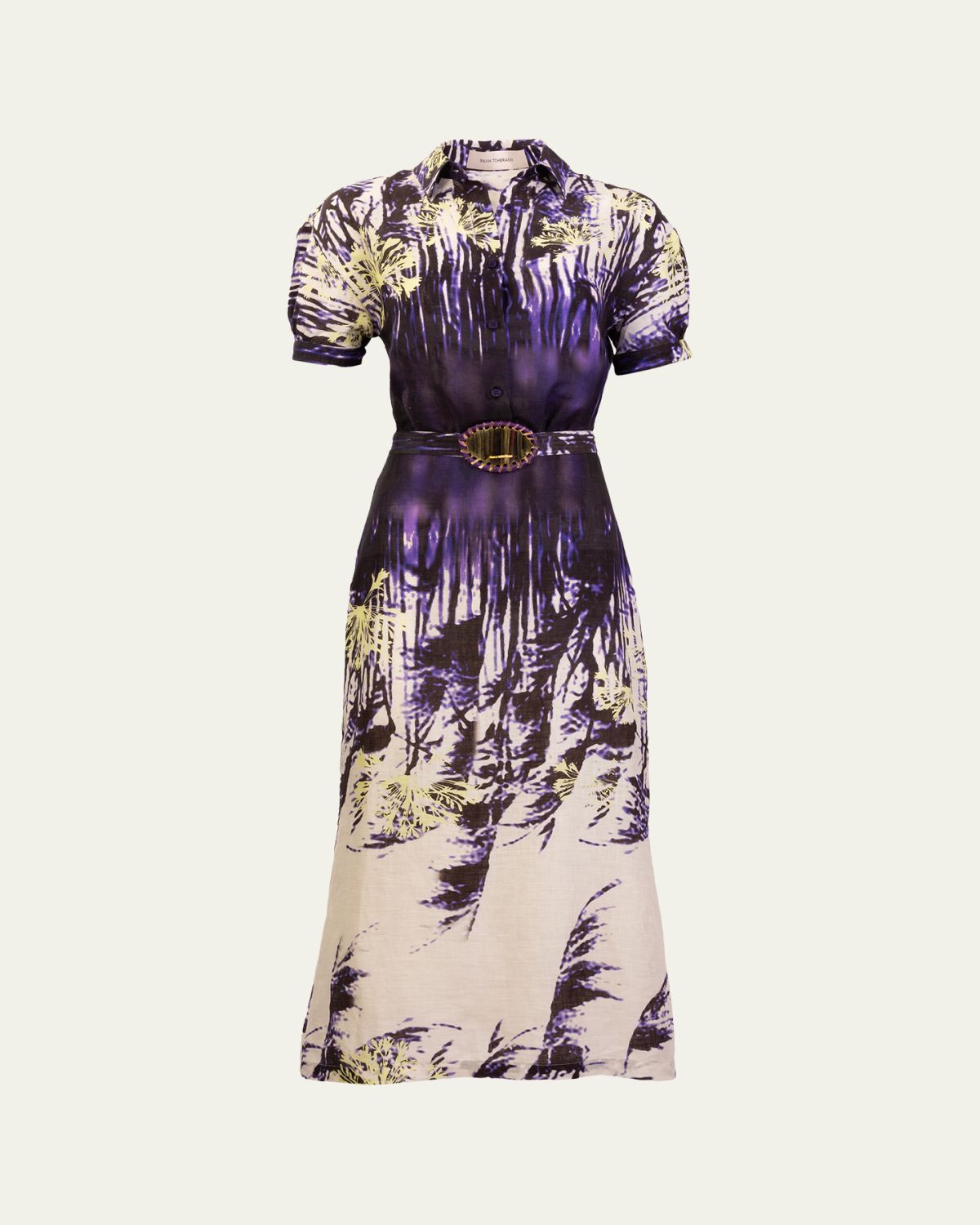 Silvia Tcherassi Lee Palm-Print Linen Short-Sleeve Midi Shirtdress With Belt