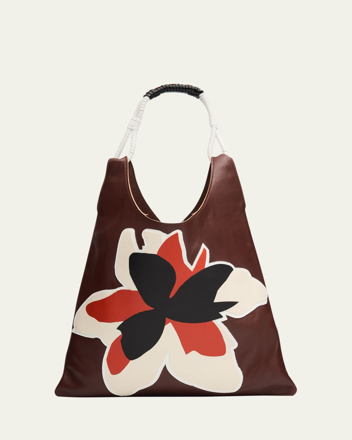 Plan C Floral Applique Leather Shopper Tote Bag