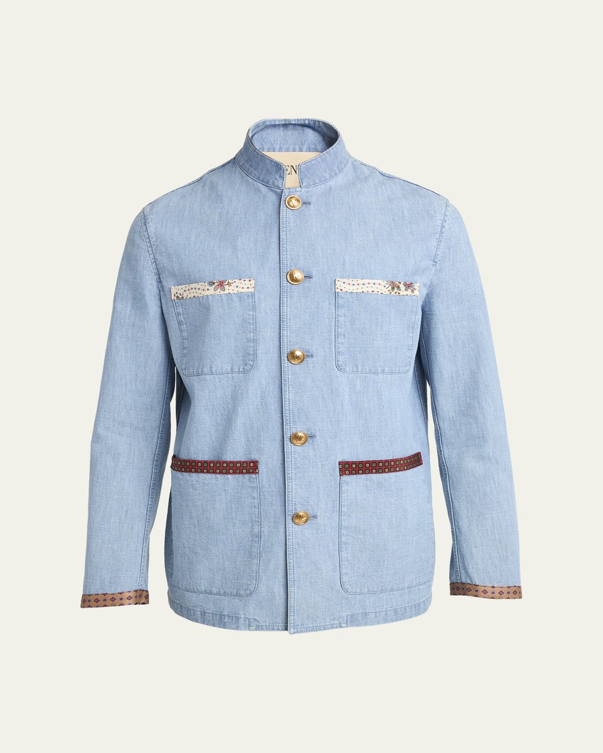 Valentino Garavani Men's Denim Safari Jacket with Printed Trim