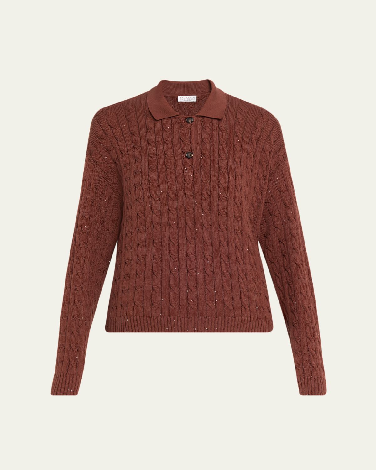 Brunello Cucinelli Paillette Cable Knit Long-Sleeve Polo Sweater