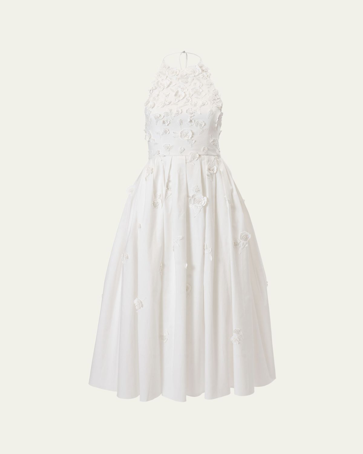 Carolina Herrera Floral Applique Cotton Halter Midi Dress