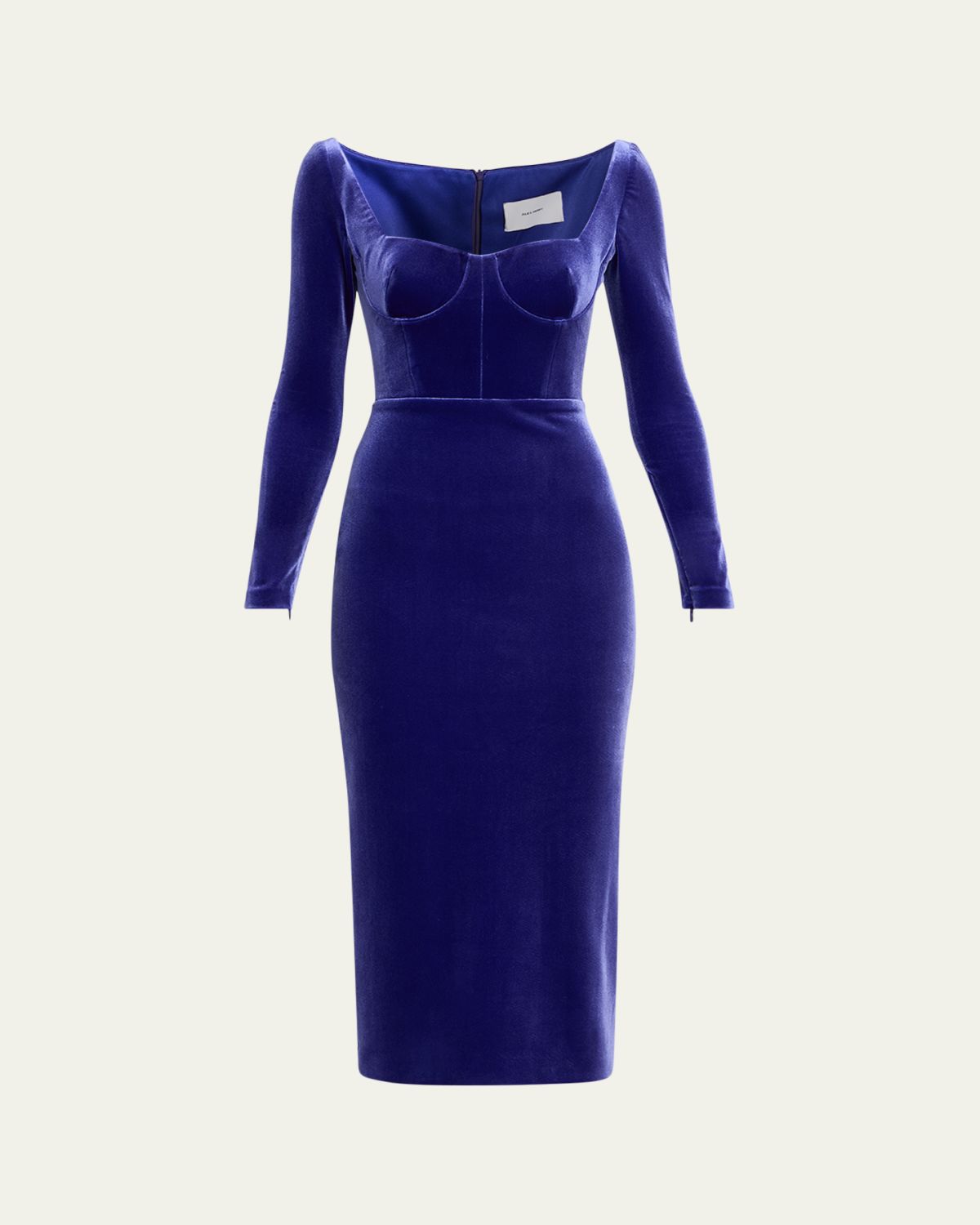 Alex Perry Cupped Long-Sleeve Velvet Midi Dress
