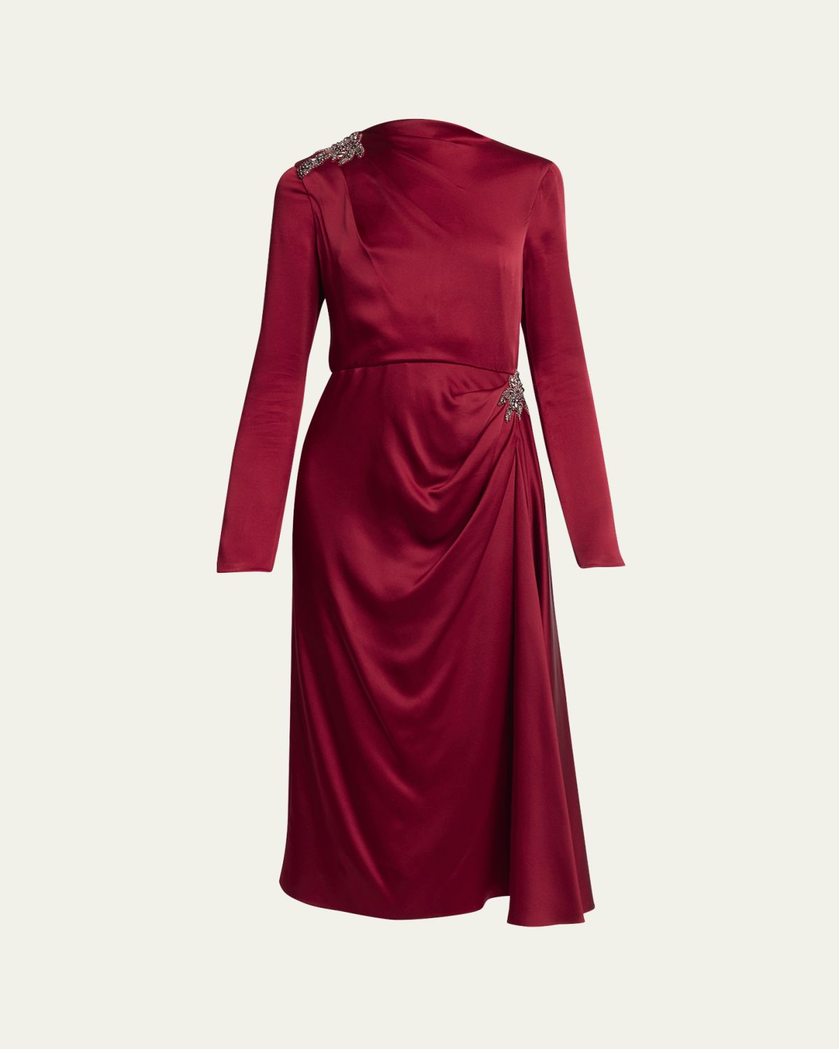 Erdem Crystal Long-Sleeve Draped Satin Midi Dress