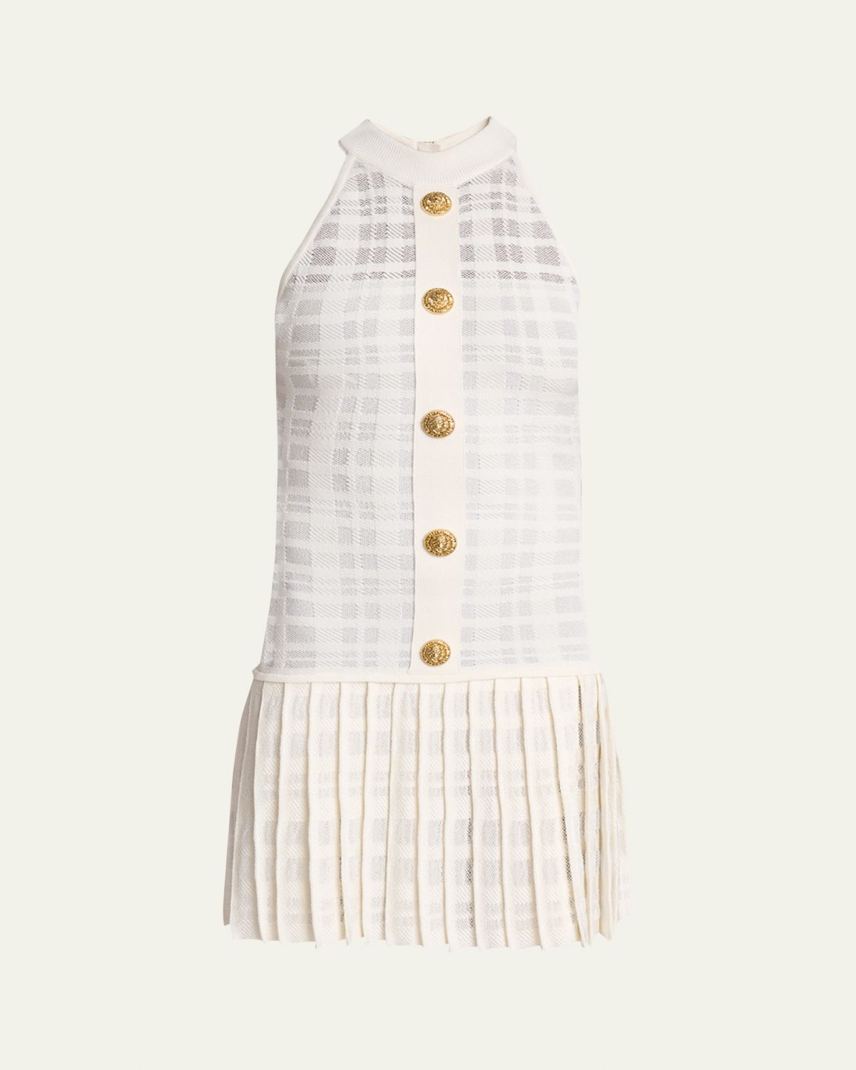 Balmain Button-Front Tartan Knit Pleated Mini Halter Dress