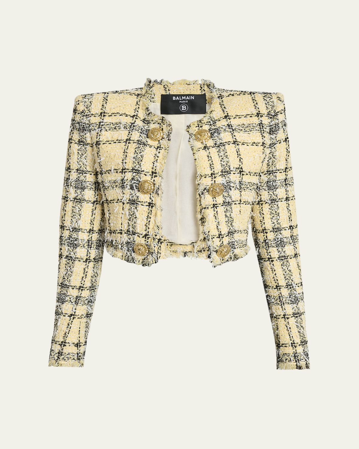Balmain Paillette Check Eyelash Tweed Crop Jacket