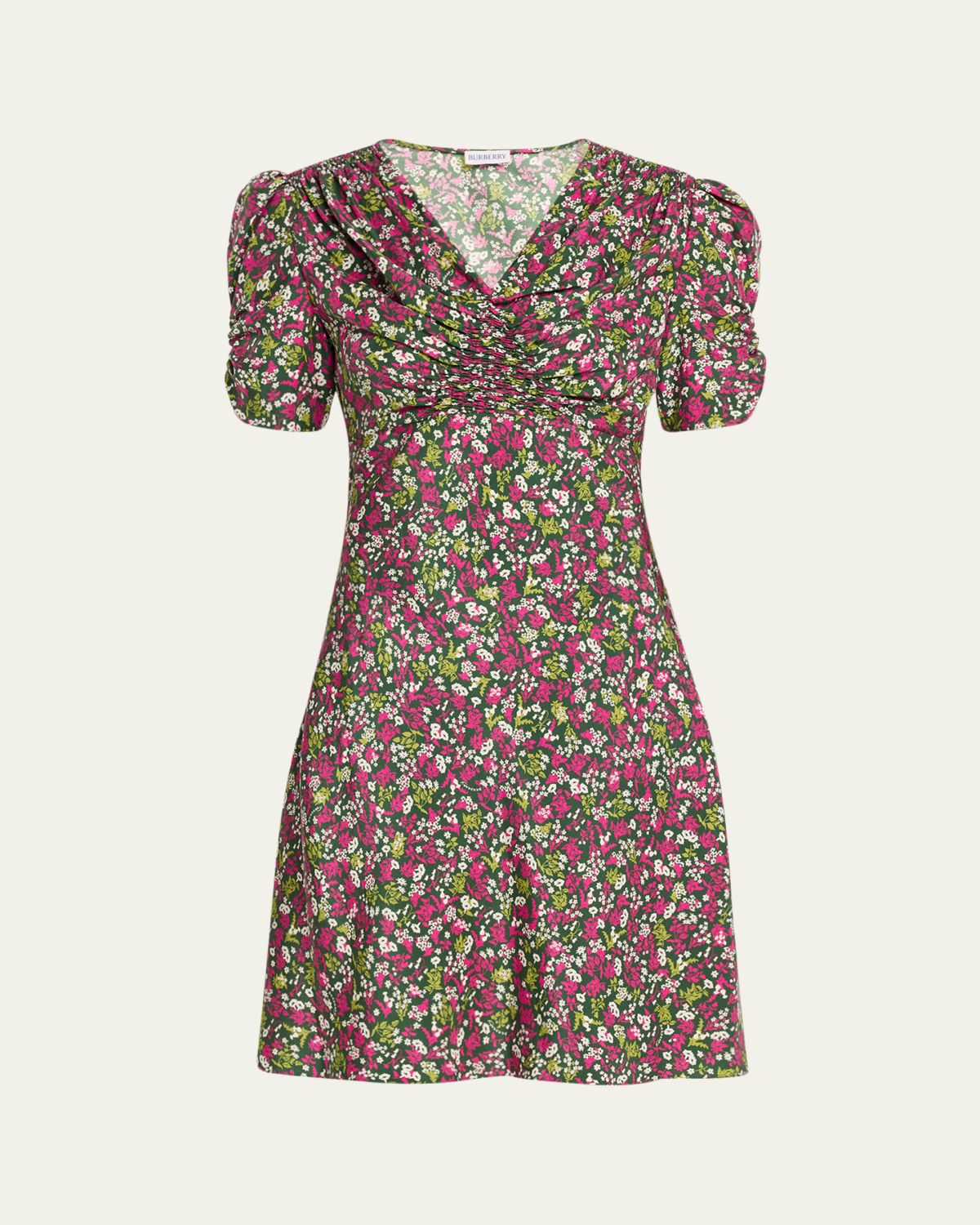Burberry Jade Floral-Print Silk Ruched Short-Sleeve Mini Dress