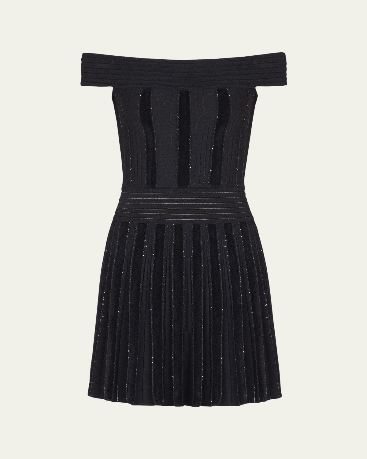 Balmain Off-The-Shoulder Metallic Velvet Pleated Knit Mini Dress