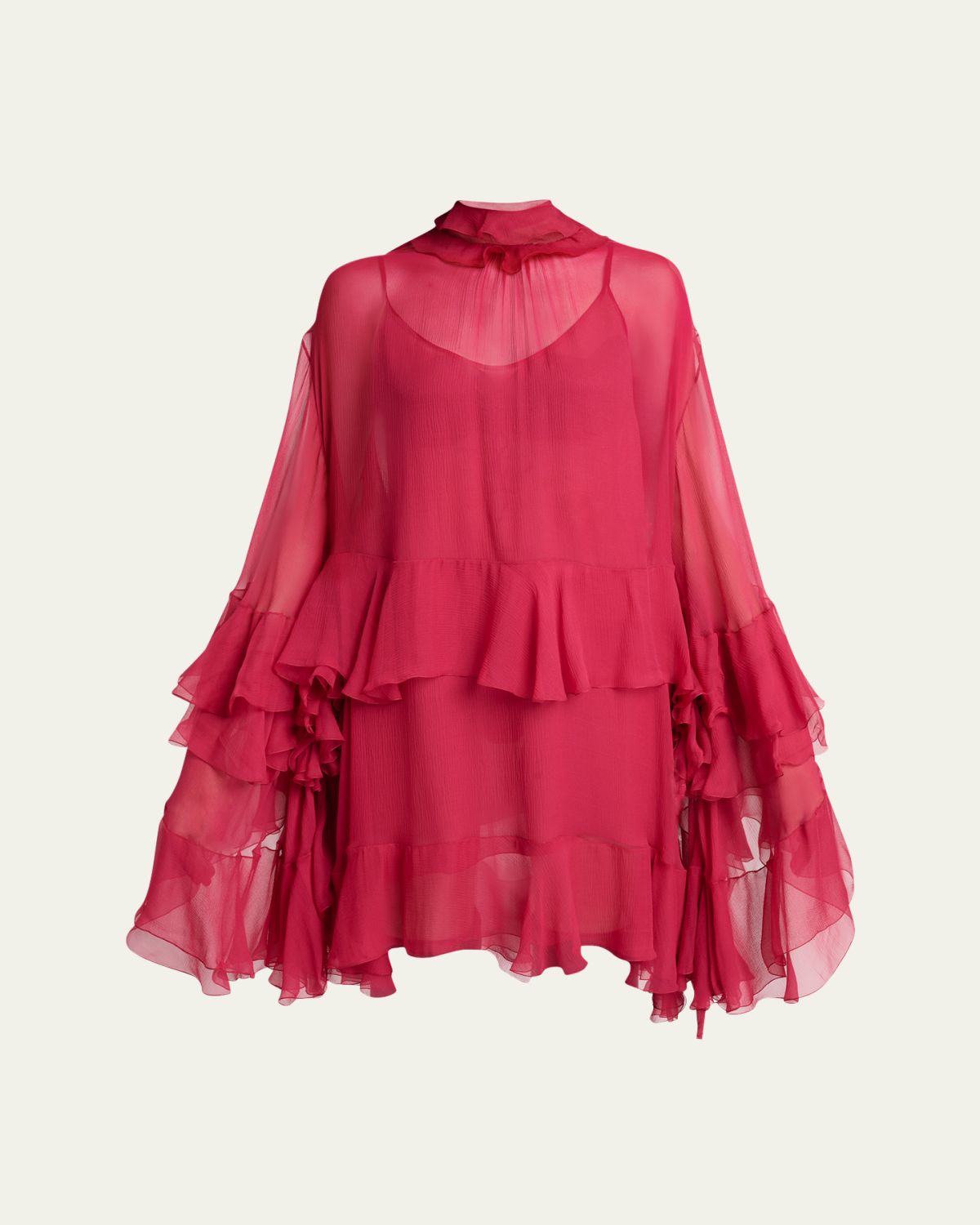 Chloe Tiered Ruffle Silk Mousseline Long-Sleeve Mini Dress
